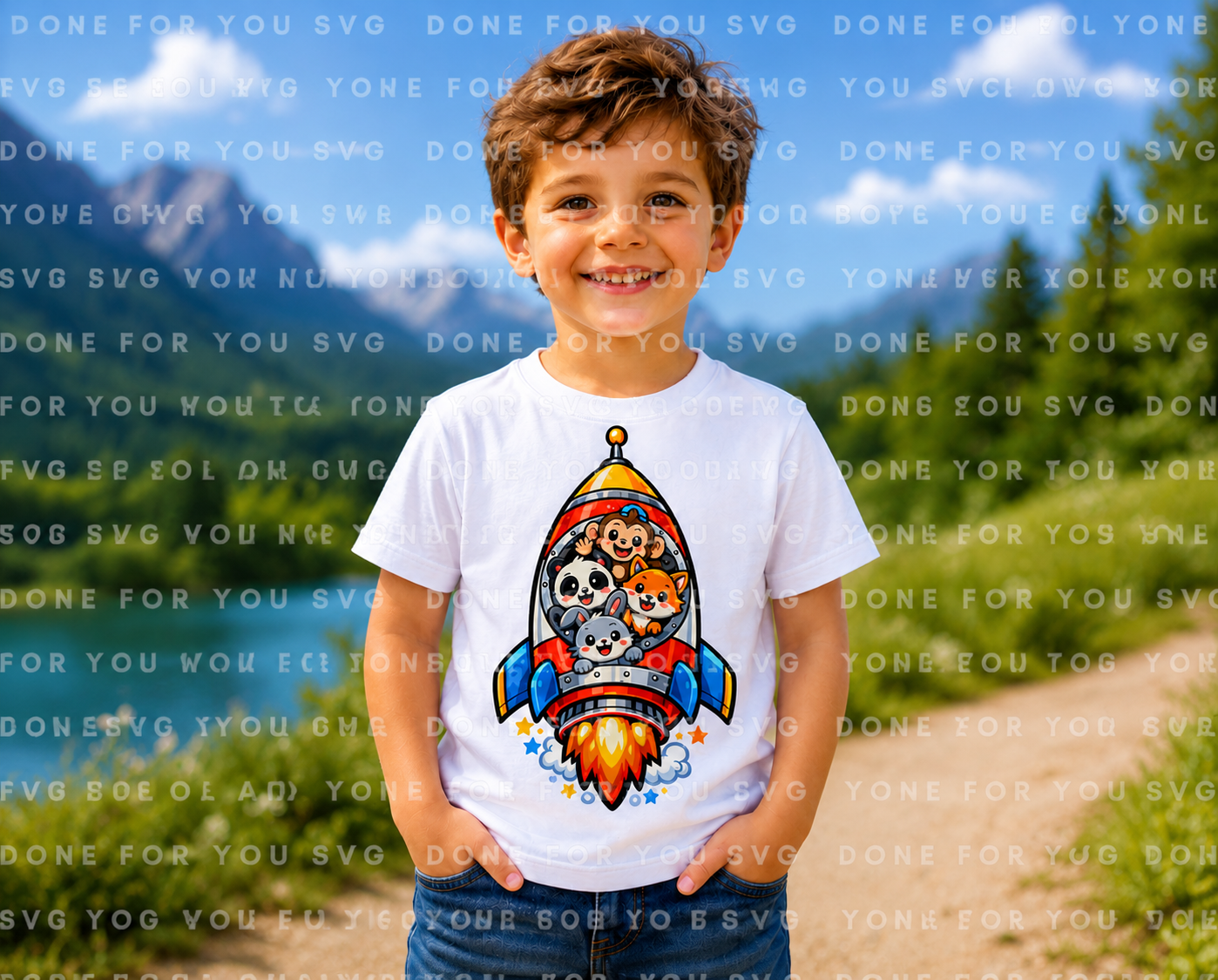 Cartoon Rocket Ship with Animal Friends Kids T-Shirt Design – Digital Download