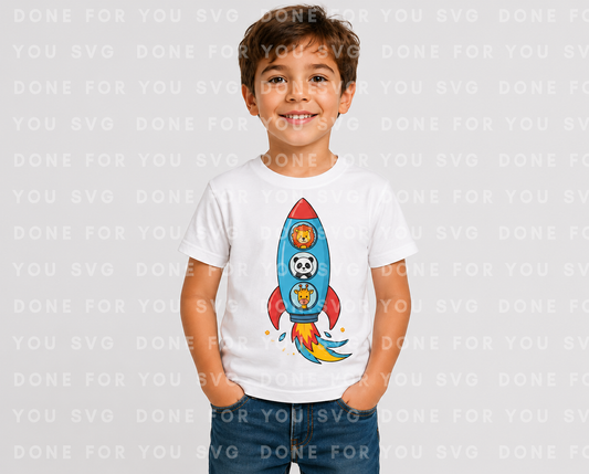 Animal Friends Rocket Ship Kids T-Shirt Design – Digital Download