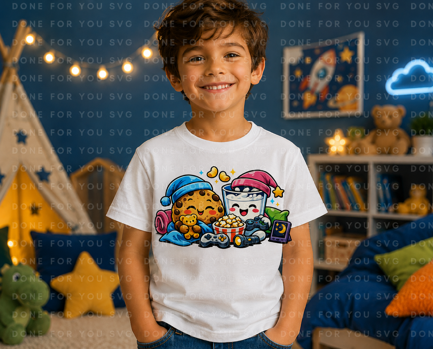 Cartoon Cookies & Milk Sleepover Kids T-Shirt Design – Digital Download