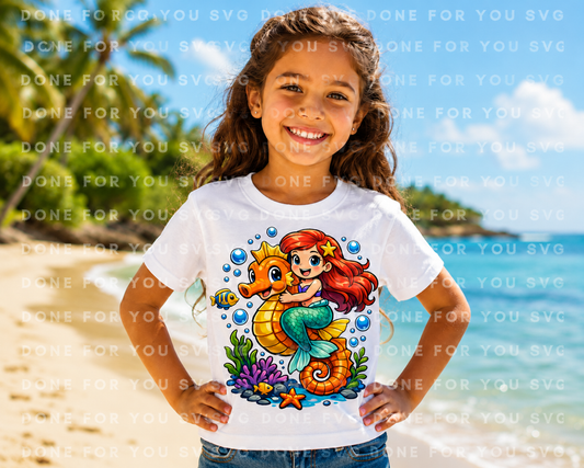 Friendly Mermaid Riding a Seahorse Kids T-Shirt Design – Digital Download