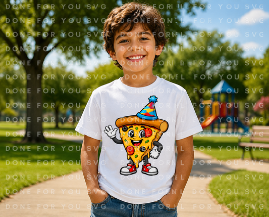 Friendly Pizza Slice Wearing a Party Hat Kids T-Shirt Design – Digital Download