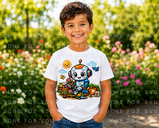 Friendly Robot Gardening Kids T-Shirt Design – Digital Download