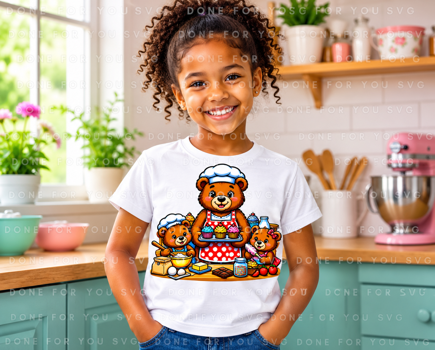 Mama Bear Baking Cupcakes with Cubs – Digital PNG Download