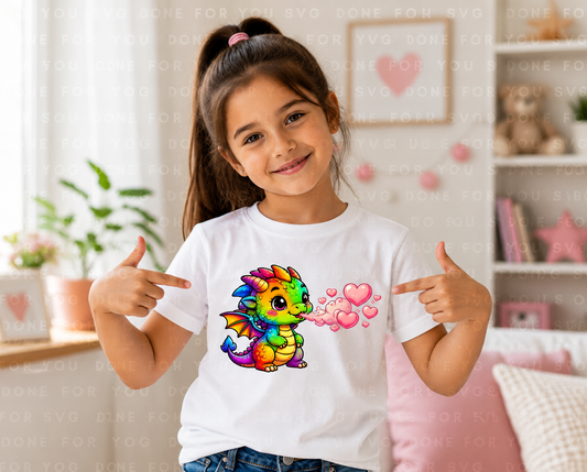 Cute rainbow baby dragon blowing heart kisses on a white shirt mockup. High-resolution Valentine's Day PNG design for kids shirts, DTF transfers, and sublimation printing.