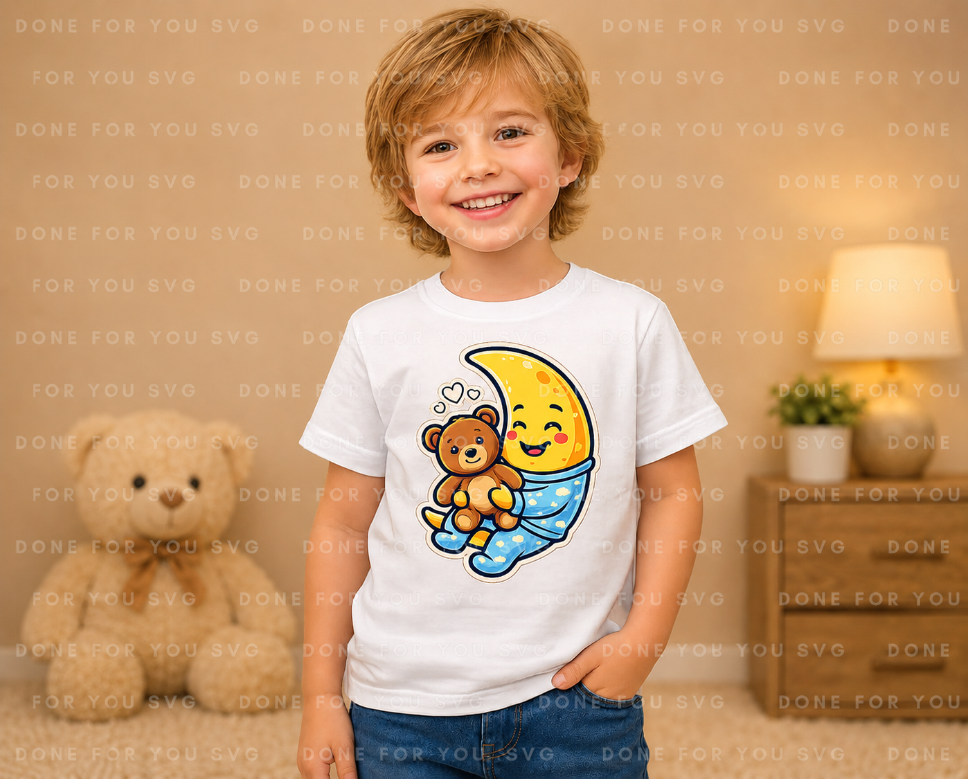 Sleepy Moon & Teddy Bear Kids T-Shirt Design – Digital Download
